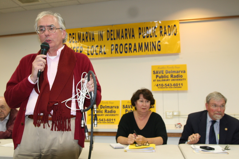 Lewes Friends of Delmarva Public Radio organizer John Mateyko speaks at the group's Nov. 15 meeting. Listening in are Pam Andrews and Tom Hehman, members of Salisbury-based Friends of Delmarva Public Radio Inc. Both groups are seeking ways to keep WSCL and WSDL on-air and operating in their present formats. BY HENRY J. EVANS JR.