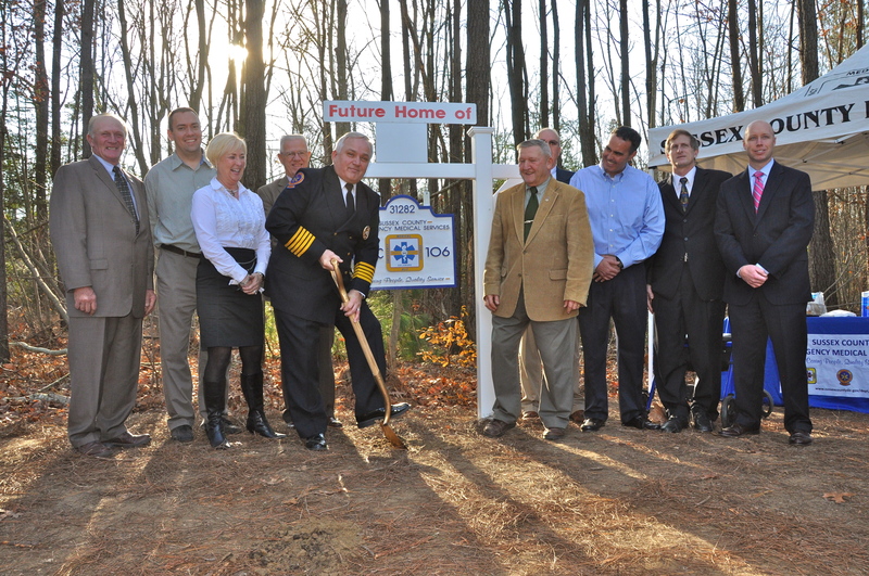 Taking part in the Medic Station 106 ground-breaking ceremony are (l-r) Rep. Dave Wilson, Sen. Brian Pettyjohn, Rep. Ruth Briggs King, Rep. Harvey Kenton, Sussex EMS Director Robert Stuart, Sussex Council Vice President Sam Wilson, Sussex Council President Mike Vincent, Sen. Ernie Lopez, Sussex Councilman Vance Phllips and County Administrator Todd Lawson. BY RON MACARTHUR