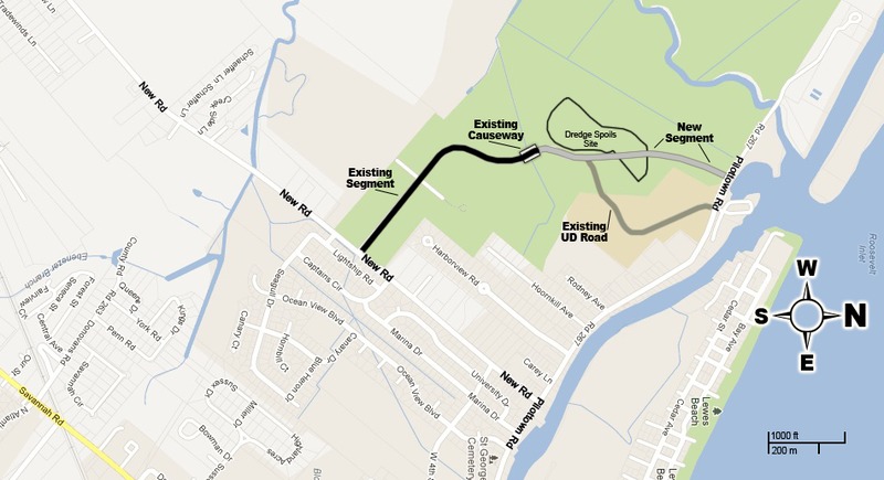 The connector road linking New and Pilottown roads in Lewes could go out for bids this spring. From the entrance on New Road, the roadway would align with the existing road to the University of Delaware campus. The new segment would branch near the causway, traverse a section of an adjacent existing dredge spoils disposal site and intersect with Pilottown Road. The asphalt surfaced roadway would feature two, 11-foot-wide vehicle travel lanes, and a single 4-foot-wide bicycle lane. ARTWORK BY CHRISTOPHER FOSTER