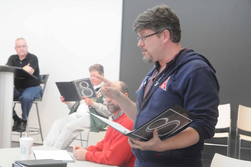On March 30, actors met at the CAMP Rehoboth Community Center to rehearse thee play “8.” Shown is Eric Peterson, right, rehearsing the role of attorney Ted Olsen. CAMP Rehoboth Executive Director Steve Elkins, left, portrays the judge in the case. There will be one performance only staged reading of the play Saturday, April 6, at 8 p.m. at Epworth Methodist Church in Rehoboth. BY STEVEN BILLUPS