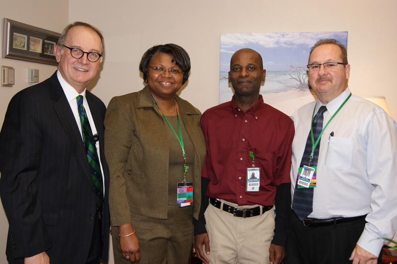 Steven Rose, President/CEO, Barbara Hendricks, VP of Human Resources, and John Cullen, Director of Environmental Services present Maurice Bolden (second from right) with the March 2013 Nanticoke Employee of the Month award. Mr. Bolden was recognized for providing outstanding care and customer service to patients, visitors and staff at Nanticoke Memorial Hospital.