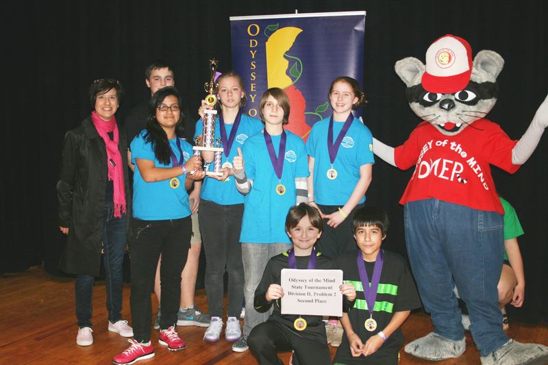 The Email Must Go Through team placed second in Delaware's Odyssey of the mind finals, winning a chance to compete in the World Championship on May 22 at Michigan State University. Members include (standing, l-r) Coach Elizabeth Kirschner, Kaylee Velasquez, Lee Downs, Chloe Bartholomew, Dylan Baldwin and Claire Sullivan, along with Odyssey of the Mind raccoon mascot, OMER; seated are Pete Vasilikos and Wes Kirschner. SOURCE SUBMITTED