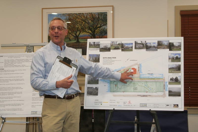 Matthew Sprong describes preliminary land use plans to integrate Lewes Public Library's existing site and Stango Park with the new library's 5.5-acre site. The new site will include parking, a trail head with amenities and serve as a transportation hub. Sprong is a landscape architect with Landscape Architectural Services LLC in Dover. BY HENRY J. EVANS JR.