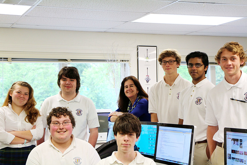 Worcester Prep’s Upper School tech team includes in back (l-r) sophomore Mikalah Potvin, alternate, Snow Hill, Md.; sophomore Cameron DiPerna, Ocean City, Md.; Nancy Raskauskas, technology teacher, Bethany Beach; junior Ben Clark, alternate, Ocean View; senior Talha Ehtasham, alternate, Lewes; and junior Lucas Baier, Berlin, Md. In front are junior Jamie Welch, Ocean Pines, Md.; and junior Lane Spangler, team leader, Onancock, Va. Not pictured is junior Chris Klug, Salisbury, Md. SOURCE SUBMITTED