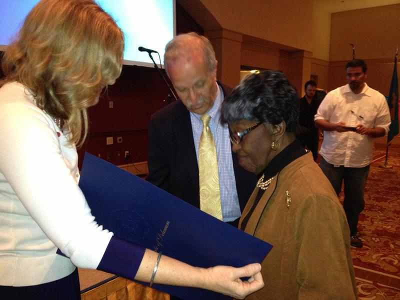 Margaret E. Smith, right, receives a tribute during the Delaware Victims' Rights Task Force's 22nd Annual Tribute to Crime Victims and Survivors held May 1 in Dover. Presenting the tribute are Department of Health and Social Services Secretary Rita Landgraf and Lewis D. Schiliro, secretary of the Department of Safety and Homeland Security. SOURCE SUBMITTED