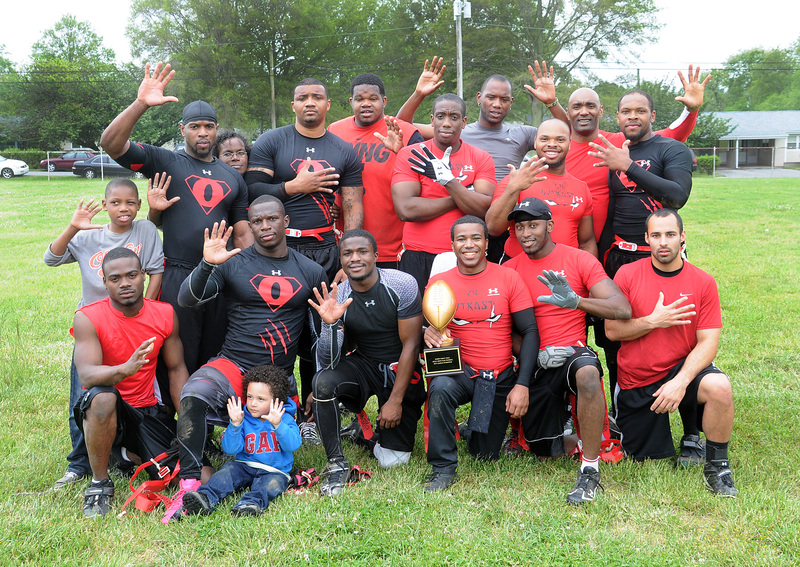 The Outkast put an end to the Barton's Grand Rental's 35 game win streak with a 28-26 win during the YMCA's Spring Flag Football League Championship. Shown are in back (l-r) Jymeir Moore, Leroy Mann, Peggy Ricketts, Robert Moore, Devin Mann, Anthony Williams, Jamel Trott, Wade Jones, Ryan Showell and Cordae Showell. In front are Robert West, Jonathan Ricketts, Jaion Ricketts, Jerron Ricketts, Marcus Elmandorf, Isaiah Briscoe and James Overstreet. This is the fifth YMCA title for the Outkast. BY DAN COOK