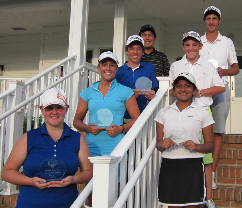 The winners and second-place finishers in the 2013 Rehoboth Beach Junior Open held June 17 at Rehoboth Beach Country Club are in back (l-r) Matthew Rosai, 16-18 boys' champion; and second-place finisher Ryan Rucinski; third row Kyle Vance, 13-15 boys' event champion; and second-place finisher R.J. Wren; second row Samantha Leite, 16-18 girls' champion; and second-place finisher Annika Vandayar; and in front is Allison Appleton,13-15 girls' winner. Girls' 13-15 second-place finisher Rylie Doyle is not pictured. BY FRITZ SCHRANK