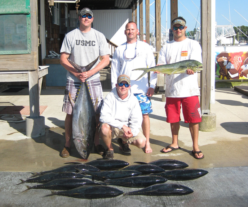 Offshore action has been hot! Geoff McCloskey, Phil Falgowski, Josh Loose and Mark Spence enjoyed a great day in the Wilmington Canyon, returning with their limit of 12 yellowfins to 69 pounds, plus a nice magi. The guys also released 16 additional tuna while trolling skirted ballyhoo. COURTESY LEWES HARBOUR MARINA