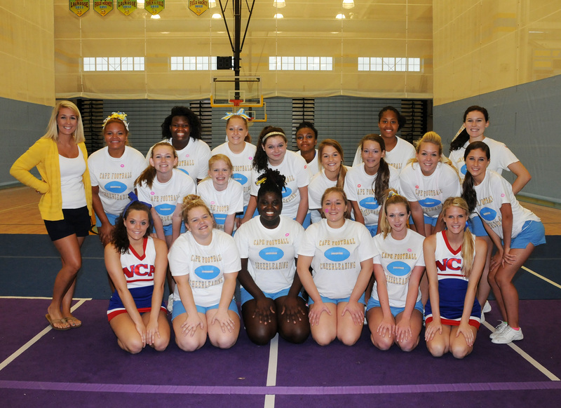The Cape Henlopen football cheerleaders who attended the NCA camp are in back ( l-r) coach Molly Lingo, Kayla Maull, Mari Horsey, Alyssa Dempsey, Aleeya Wynder, Jordyn Miller and Elizabeth Sparks; middle row, Annee Duckworth, Jessica Melson, Shanna Farlow, Molly Smith, Bryn Thompkins, Sara Lingo and Paige Fleegle. In front are NCA coach Morgan Buehler, Meghan Bennett, Mozella Matthews, Cheyenne Clarke, Ally Gorecki and NCA coach Lindsay "Ray Ray" Dowrick. BY DAN COOK
