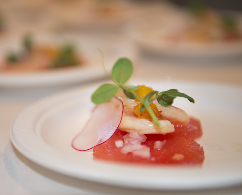 Chef Matt Whaley of Liquid Assets created watermelon, shrimp, peach tower with pea shoot and radish garnish. BY DENY HOWETH
