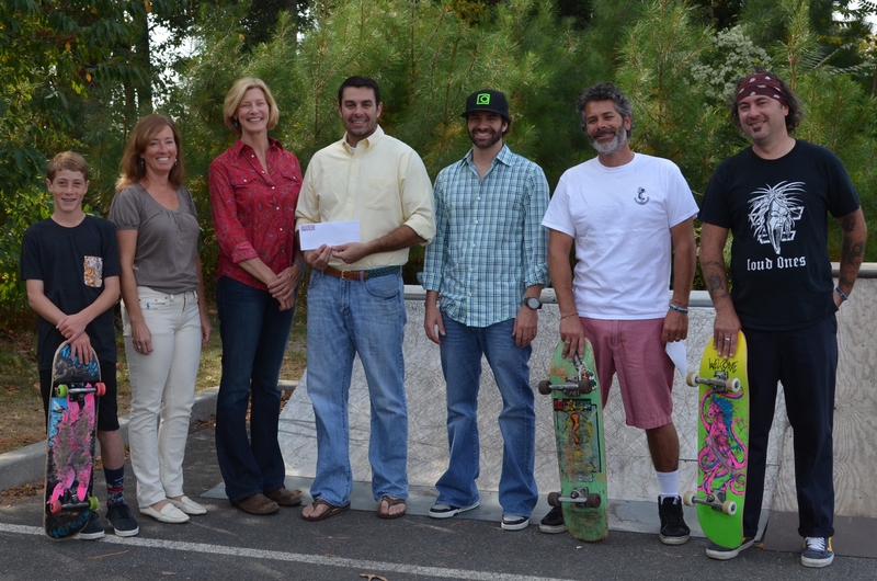 Pictured at the donation by Matt Haley Companies and Circle in A Square to the Epworth Skate Project are (l-r) skateboarder Sam Ratner of Lewes; skate project members Kathy Scott and Susan Selph; Mike Dickinson and Andrew Dickinson, co-owners of Circle in a Square Clothing and representing Global Delaware Fund; and skate project members Chad Murr and Brion Johnson. SOURCE SUBMITTED