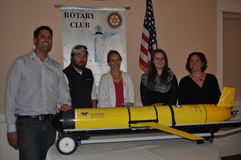 Gathered at the Lewes-Rehoboth Rotary meeting are (l-r) assistant professor of Oceanography Matthew Oliver, graduate student Matthew Breece, doctoral student Danielle Haulsee, Sussex Tech senior Sarah Pappa and Sussex Tech science teacher Mischa Suchanec with Blue Hen, an underwater robot used to track fish movements. SOURCE SUBMITTED