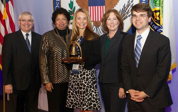 Shields Elementary School Principal Jennifer Nauman (center) receives the Terrel H. Bell Award for Outstanding School Leadership from (l-r) Will Waidelich, executive director, National Association of Elementary School Principals; Judith C. Richardson, associate director, National Association of Secondary School Principals; Gail Connelly, executive director, National Association of Elementary School Principals; and Massie Ritsch, acting assistant secretary, Office of Communications and Outreach, U. S. Department of Education BY SUBMITTED