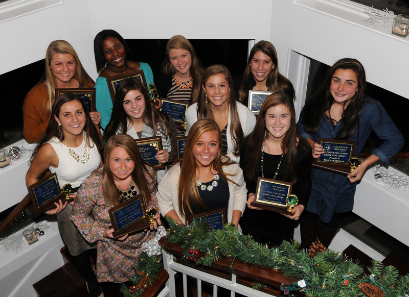 The 2013 Cape hockey team celebrated its third straight DIAA State Championship with a banquet at the Lewes Yacht Club Dec. 11. Shown with their end-of-season awards are in back (l-r) Allie Yeager, Ruth Skoglund Most Dedicated Award; Tiara Duffy, team MVP Award; Sam Broadhurst, Offensive MVP Award; Sydney Smyk, Mike Eisenhour Most Dedicated to the Program Award and Tess Bernheimer, Rising Star Award. In middle are Kat Judge, Defensive MVP Award; Camryn Bernheimer, Carolyn Ivins Dedication and Commitment Award; Alexa Woodruff, Most Improved Player Award; and Erin Coverdale, Rising Star Award. In front are Katie Kolobielski, Unsung Hero Award; and Karissa Lemaire, Most Spirited Award. BY DAN COOK