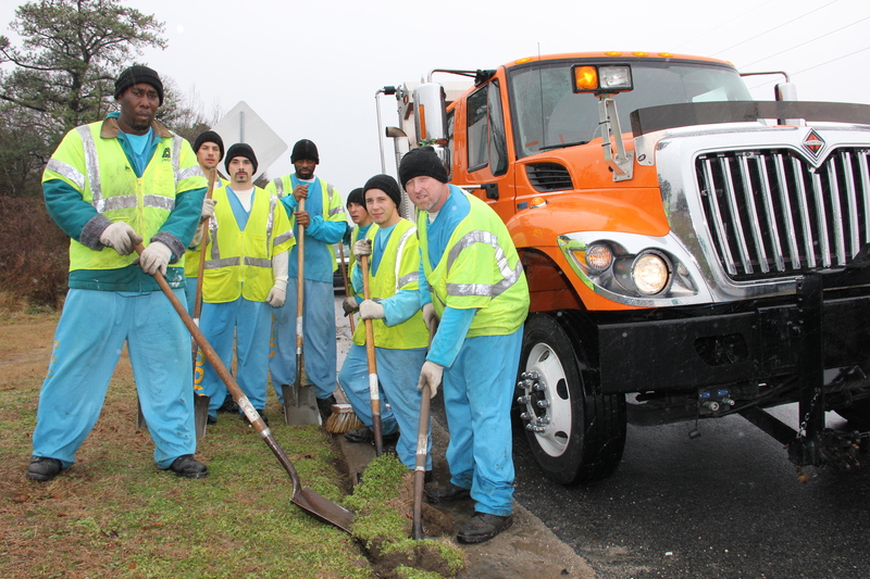 These members of the Violation of Parole unit at Sussex Correctional Institution were hard at work in the cold rain before last week's polar vortex brought us a mid-January freeze. Shown are (l-r) Lamare Bradley, Michael McConnell, Joshua Weldin, Douglas McHolder, Shane Holmes, Brian Keech and Daryl James. BY DENNIS FORNEY