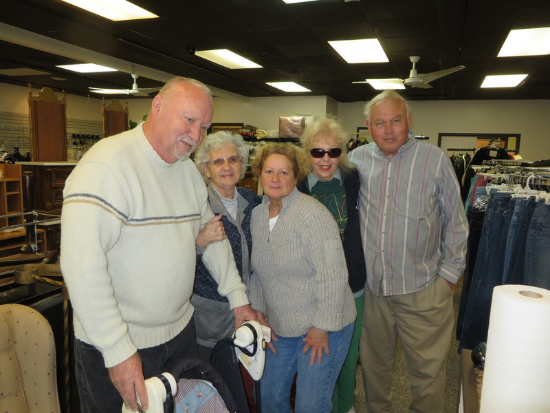 Owners and volunteers at the American Veterans Thrift Store in Tenley Court are gathered at the new shop. Shown are (l-r) Preston Cooley, Ida Stidham, Liz Cooley, and Dorothy and Dean Bergkoetter, who are organizing donations for display and getting ready for the opening Saturday, March 1. BY MOLLY MACMILLAN