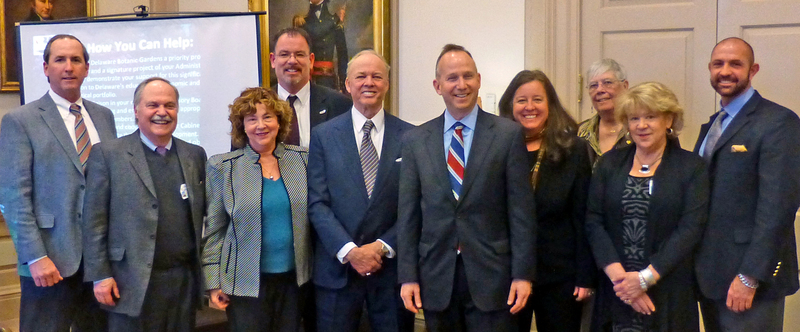 Members of the Delaware Botanic Gardens Board, its corporate partners and Gov. Jack Markell gather at the State House in Dover. Meeting to discuss plans for the garden are (l-r) Jerry Doherty, vice president of EDiS Company; Ray Sander, DBG treasurer; Sheryl Swed, DBG executive director; Mark Davidson, vice president of Pennoni Associates Engineering; Michael Zajic, DBG president; Markell; DBG board members Susan Ryan, Betty Deacon, and Elisabeth Zajic, and DBG Director of Horticulture Gregg Tepper. SOURCE SUBMITTED