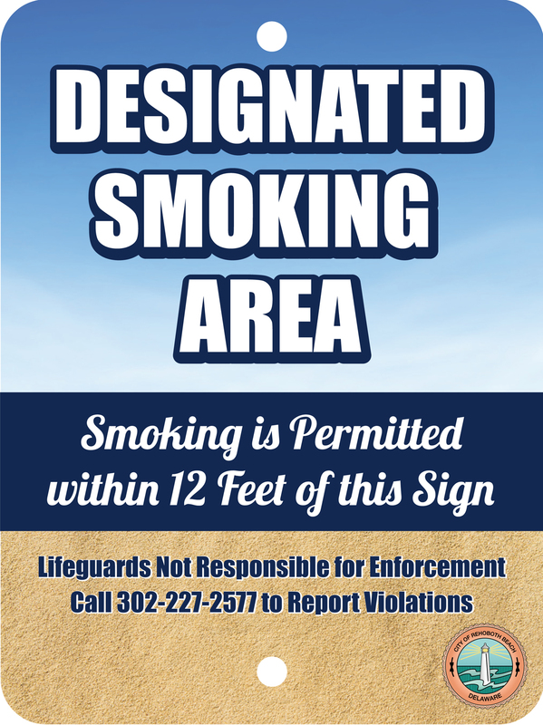 A mockup of a sign designating smoking areas along Rehoboth Beach. City officials have applied for a permit from the Department of Natural Resources and Environmental Control to erect 20 four-by-four posts along the beach to mount the signs. Rehoboth banned smoking on the beach, Boardwalk and Bandstand March 10. SOURCE SUBMITTED