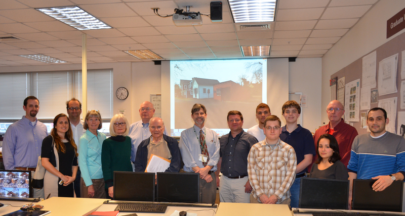 Delaware Tech Owens Campus students presented their concepts for a proposed Coastal Towns Museum to the Ocean View Historical Society March 12. Shown are (l-r) Eric M. Catellier, American Institute of Architects, LEED AP, of Becker Morgan Group; Daniele Haley, AIA, of Becker Morgan Group; Tim Tice, designer, of Echelon Custom Homes; Carol Psaros, OVHS vice president; Lene Kuhblank, OVHS communications director; Dick Nippes, OVHS president; Bert Edwards, OVHS secretary; David Pedersen, AIA, acting chair of Delaware Tech Owens Campus Engineering Technologies Department; Michael Wheedleton, AIA, senior associate, of Davis, Bowen & Friedel; students Mikeal Musgrove, Anthony Rousak IV, Kevin Prag, and Karla Ortega-Uscanga; John B. Hendrickson, AIA; and Bahram Movlanov, student. SOURCE SUBMITTED
