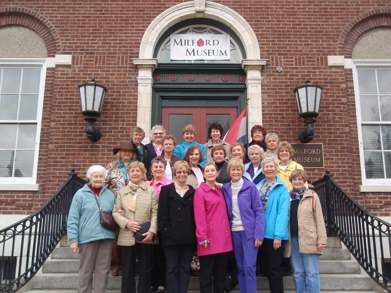 Gathered on the steps of the Milford Museum are in back (l-r) Inge Gallagher, Laura Troxell, Pat Hall, Rose Canavan and Ina Appolito; third row, Meg Mocci, Joan Tabano and Adrienne Ponzini; second row, Terry Palumbo, Jeanne Roop, Maddy Coss, Rita Daniel, Mary Moran and Delores Wardwell. In front are Nancy Norton, Mary Rolio, Elaine Showers, Carol Bradford, Marianne Sheran, Barbara Roecker and Dottie Papp. SOURCE SUBMITTED