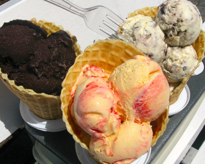 Three of 22 newly-created ice creams vying for tasters’ votes and a spot on The Ice Cream Store’s nationally-applauded list of unique flavors are (l-r) Sangria, an Italian Sorbetto recipe with an intense fruity and wine flavor; Catching Fire, an incredibly refreshing orange/yellow colored African Vanilla ice cream blended with orange juice and mango, and completed with a swirl of real blended strawberries; and I Don’t Give a Fork, an African Vanilla ice cream chock full of so many treats (brownie and pretzel pieces, crushed Oreo cookies, cookie dough and mini chocolate chips) that it’s served with a big fork to help people eat it.