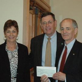 Beebe Auxiliary has presented Beebe Healthcare with a donation of $290,000 for the purchase of two hyperbaric oxygen chambers. Shown at the check presentation are (l-r) Bonnie Cunningham, GCNS-BC, director of Wound Services and Diabetic Management; Mike Clemmer, retiring president of Beebe Auxiliary; and Jeffrey Fried, FACHE, president and CEO, Beebe Healthcare. SOURCE SUBMITTED