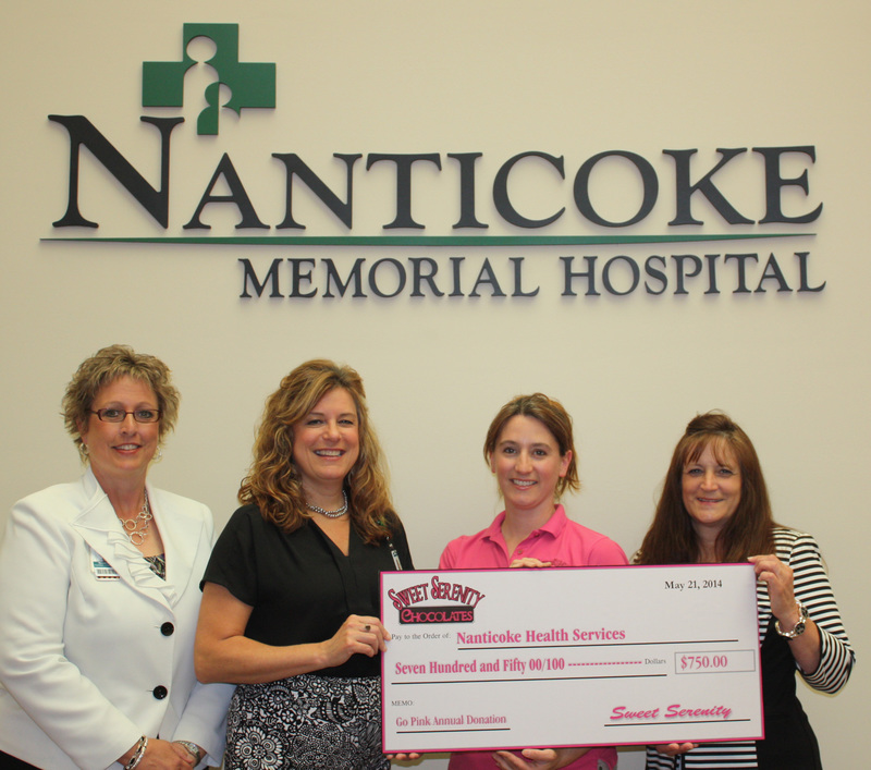 Rachel Benjamin (center right), owner of Sweet Serenity Chocolates in Seaford Delaware, recently presented Nanticoke Health Services with a check for $750 in support of cancer services at the hospital. Also pictured (L to R) is Renee’ Morris, Executive Director for the Nanticoke Health Services Foundation, Penny Short, COO/CNO at Nanticoke Health Services and Denise Jester, Nanticoke Health Services CFO.