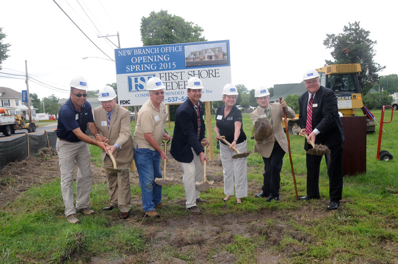 Shown at the groundbreaking are (l-r) Ken Adams, Melvin Joseph Construction; Bob Stickels, First Shore Federal board member; John Thoroughgood, vice mayor Town of Millsboro; Dwight Miller, president Gillis Gilkerson Construction; Judy Schwartz, GMB Architecture senior vice president; Vance Phillips, Sussex County councilman; and Marty Neat, president & CEO, First Shore Federal. BY STEVEN BILLUPS