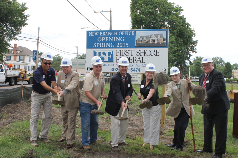 Shown are (l-r) Ken Adams, Melvin Joseph Construction; Bob Stickels, First Shore Federal board member; Millsboro Vice Mayor John Thoroughgood; Dwight Miller, Gillis Gilkerson president; Judy Schwartz, senior vice president, George Miles & Buhr; Vance Phillips, Sussex County Council; and Marty Neat, president and CEO, First Shore Federal. SOURCE SUBMITTED