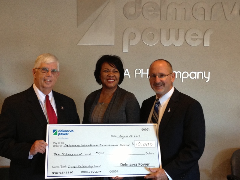 At the presentation by Delmarva Power to the Delaware Workforce Investment Board Scholarship Fund are (l-r) Secretary John J. McMahon Jr., State of Delaware Department of Labor; Gwenn Jones, State of Delaware Workforce Development; and Gary Stockbridge, Delmarva Power regional president. SOURCE SUBMITTED