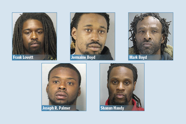 Frank Lovett of Harrington and Jermaine Boyd of Dover were identified as the ring leaders in what police called “an open-air style drug environment.” Three other men, Mark Boyd, Joseph R. Palmer and Shanun Handy, also were jailed during a search of residences in Greenwood April 13, while 36 others were arrested and charged throughout the months-long investigation. DELAWARE STATE POLICE PHOTOS