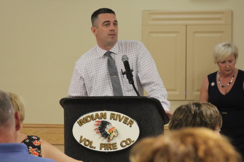 Sgt. Adam Wright of the Delaware State Police talks about Long Neck area crime during a meeting May 1 at the Oak Orchard firehall. MELISSA STEELE PHOTO