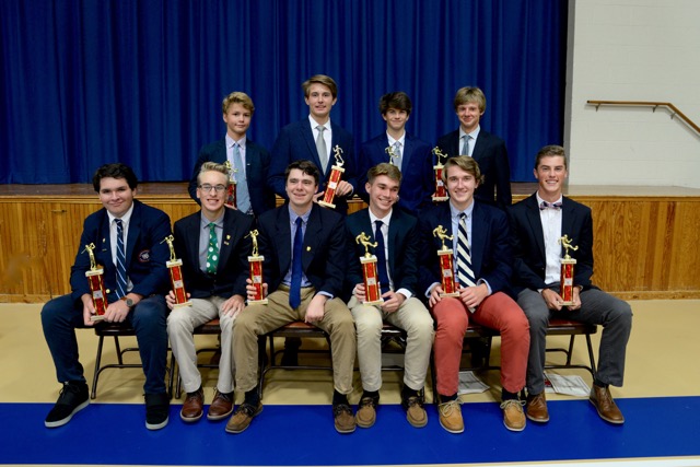 Boys’ winners include in back (l-r) Brugh Moore (JV soccer Most Improved), Connor Carpenter (cross country MVP), Gavin Carmody (JV soccer Coaches Award) and Spencer Paquette (JV soccer MVP). In front are Matt Durkin (varsity golf Most Improved), Austin Taylor (varsity golf MVP), Brendan Miller (varsity golf Coaches Award), Vincent Petrera (varsity soccer MVP), Tucker Brown (varsity soccer Most Improved) and Brenner Maull (varsity soccer Coaches Award). Not shown are Connor Cebula (cross country Coaches Award) and Sam Cantor (cross country Most Improved). SUBMITTED PHOTOS