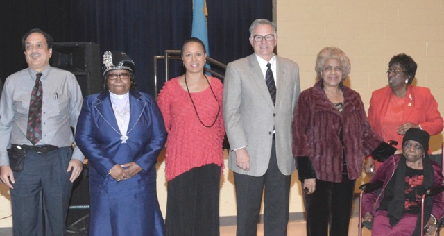 Delaware State University honorees recognized for community advocacy shown are (l-r) William B. DeLauder Jr., representing his father, educator and former DSU President, Dr. William B. DeLauder Sr.; Bishop Grace Ruth Batten; Shorel Johnson Clark; the Hon. George B. Cole, Sussex County Council 4th District; Esthelda R. Parker Selby; and (seated) Minnie Pauline Walker Wilkins with her attendant, the Rev. Dr. Geraldine Jones. SUBMITTED PHOTO