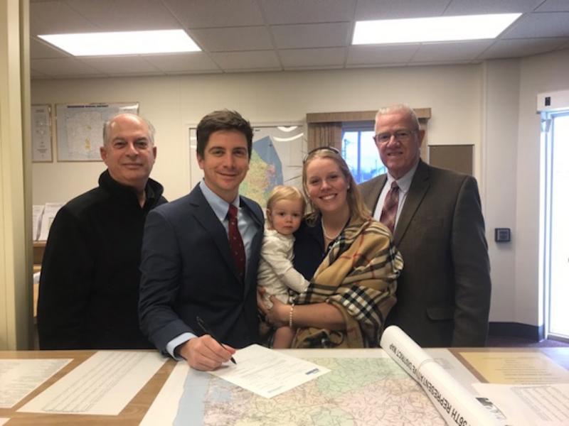 Filing his candidacy for Delaware’s 36th Representative District in the GOP primary is Milford Mayor Bryan Shupe. Shown are (l-r) Rep. Danny Short, R-Seaford; Shupe with his wife Sherry, holding their daughter; and Rep. Harvey Kenton, R-Milford, who is not running for re-election and is supporting Shupe.