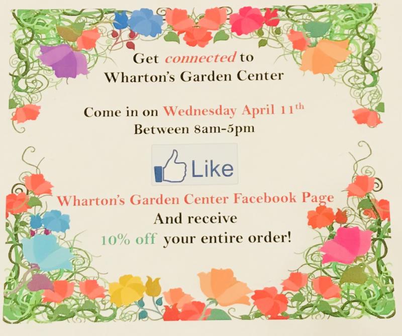 Wharton’s Garden Center facebook page sale discount