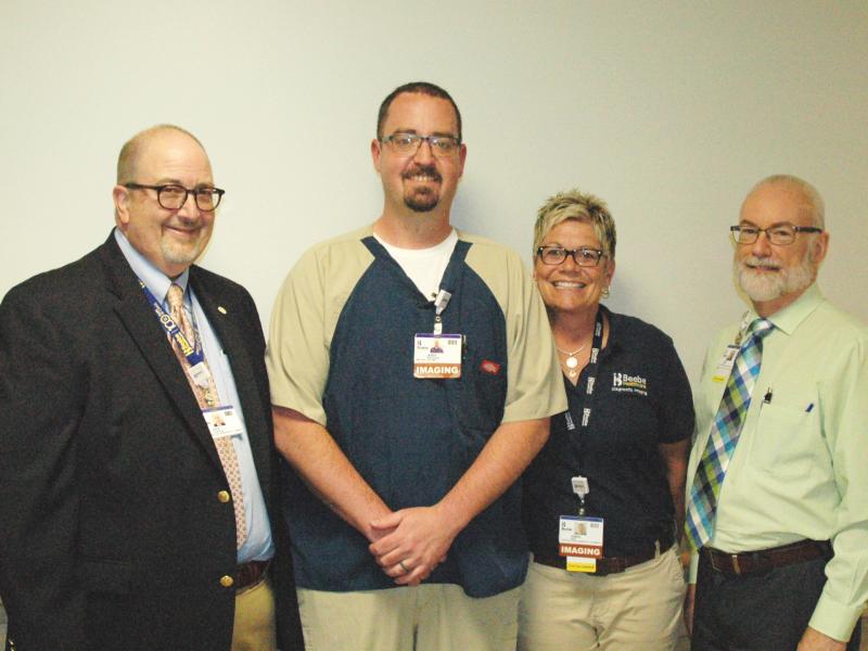 Joshua Bumgarner, an MRI technician at Beebe Healthcare, is the May 2018 recipient of the L.O.V.E. Letter Award. Shown are (l-r) Rick Schaffner, executive vice president and COO; Bumgarner; Abigail Mead, Diagnostic Imaging manager; and Dan Mapes, executive director, Diagnostic and Satellite Services. SUBMITTED PHOTO