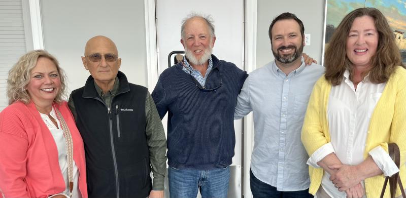 The Cape Gazette family celebrated Ron MacArthur’s career at his 70th birthday and retirement party in April. Shown are (l-r) Editor Jen Ellingsworth, Ron MacArthur, co-founder Dennis Forney, News Editor Nick Roth and reporter Melissa Steele. Copy editors Bernadette Hearn and Nathalie Willard also attended the celebration. KATHY O’HANLON PHOTO