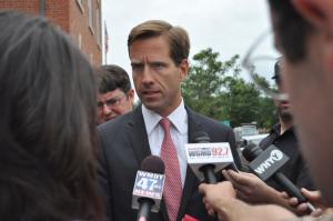 Attorney General Beau Biden talks with reporters after attending the sentencing of Dr. Earl Bradley. BY NICK ROTH