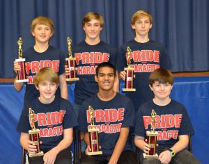 Award winners for Grades 7 and 8 boys' basketball are In back (l-r) Max Bisaha of Ocean View, most improved, Grade 8; Owen Nally of Ocean View, most valuable player, Grade 8; and Tate Shockley of Ocean City, Md., coach’s award, Grade 8.In front are Tucker Brown of Rehoboth Beach, most valuable player, Grade 7; Jayan Poduval of Berlin, Md., most improved, Grade 7; and Padraig Loftus of Bethany Beach, coach’s award, Grade 7. SOURCE SUBMITTED