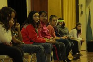 Students listen to a question during the geography bee. Pictured are (l-r) Lauren Conti, Darren Gilbert, Mackenzie Irelan, Aimee Rivera Lara, Katie Knarr, Adrianna Zuniga, Madi Swonteck, Jagger Euler (not visible) and Nina Gracie. BY MELISSA STEELE