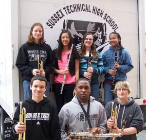 Sussex Tech members of the Sussex County Junior Honors Band are in back (l-r) Alexa Gibbons, Lincoln; Emily Lee, Milford; Kelsey Oldland, Georgetown; and Sherena Chilton, Milford. In front are Angel Bernardino, Bridgeville; David Clark, Seaford; and Shawn Chartin, Seaford. Missing from photo is Ti’Asha Johnson, Bridgeville. SOURCE SUBMITTED
