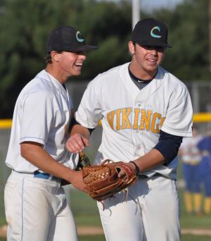 Kai Vitella, left, congratulates Diaz Nardo after Nardo completed his no-run, no-hit game on the mound. BY NICK ROTH