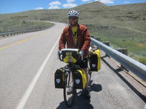 Speaking of Iraq and young lives, here's Matthew, west of Lander. He served in Iraq in 2003 and 2004. He's riding coast to coast for the adventure and is using a website to bring awareness to the epidemic of suicides in service people. "22 a day," he told us. I noticed a black plastic bracelet on his right wrist. I didn't see a name on it but I did see KIA and a date. "Friend of yours?" "Yes, a good buddy. Killed about a month before we were to come home. Friendly fire. Another guy was sitting next to him cleaning his weapon, a round in the breech. It went off. My friend died." "Senseless." "Lots of senseless."