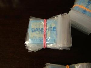 Heroin is typically sold in wrapped bundles of bags, usually 13 bags to a bundle. Bags come stamped with a label, such as Banshee, that acts as the dealer's personal stamp and lets addicts know where they can go to get more. BY REHOBOTH BEACH POLICE DEPARTMENT