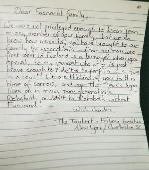 A letter to the Fasnacht family reveals the memories held by three generations of a family that now lives in New York and South Carolina. BY DENY HOWETH