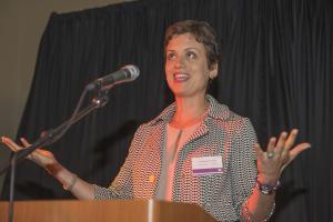 Julienne Smith, vice president of real estate and development Hyatt Hotels, speaks to the crowd gathered for the Oct. 24 grand opening extravaganza. BY DENY HOWETH