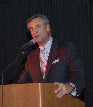 William Meyer, chairman of Meyer Jabara Hotels, speaks during the opening ceremony of the Hyatt Place, Dewey Beach. BY DENY HOWETH