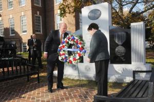 Speaker of the House Rep. Pete Schwartzkopf, D-Rehoboth, left, and President Pro Tempore of the House Sen. Patricia Blevins, D-Elsmere, place a wreath at the monument. BY STEVEN BILLUPS