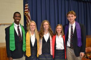 Some of the National Honor Society members who led the Worcester Prep Induction Ceremony were (l-r) Razaak Eniola, Salisbury, Md.; Alie Greer, Bishopville, Md.; Claire Stickler, Lewes; Libby Truitt, Bishopville; and Lucas Baier, Berlin. Others who spoke at the ceremony were NHS President Alissa Tabert, Eden, Md.; NHS Vice President Robby Rogers, Georgetown; NHS Secretary Jennifer Karsli, Ocean City, Md.; NHS member Claire Dorey, Millville; NHS member Lane Spangler, Onancock, Va.; NHS Sponsor Conni Hall, Ocean City; Head of Upper School Nancy Decker, Salisbury; and Headmaster Dr. Barry Tull, Salisbury. SOURCE SUBMITTED